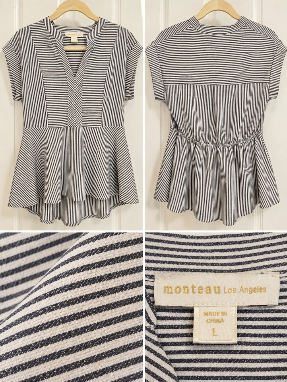 Monteau Blue & White Striped Peplum Blouse